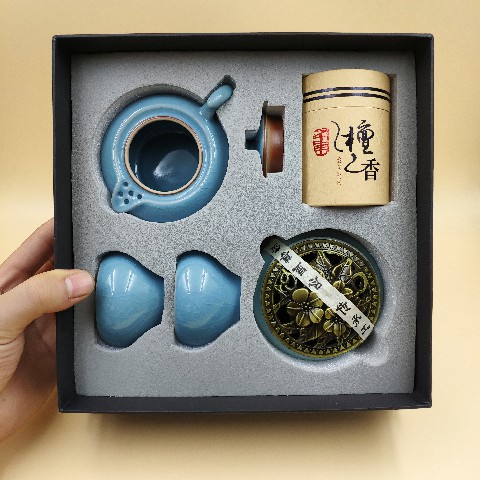 茶具套装蓝釉香道茶具商务礼品馈赠套装陶瓷家用办公室快客杯一壶二杯（月牙壶）（香炉、壶、杯、檀香）